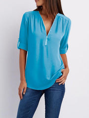 Fashion Loose Daily Chiffon Long Sleeve V Neck Blouses