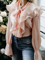 Chic sweet ruffled long-sleeved women blouses