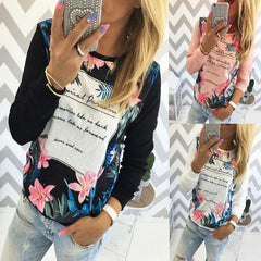 Round Neck  Floral Printed Letters T-Shirts