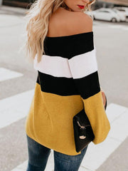 Woman Sexy Off Shoulder Color Block Long Sleeve Knitting Sweaters