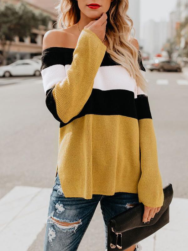 Woman Sexy Off Shoulder Color Block Long Sleeve Knitting Sweaters