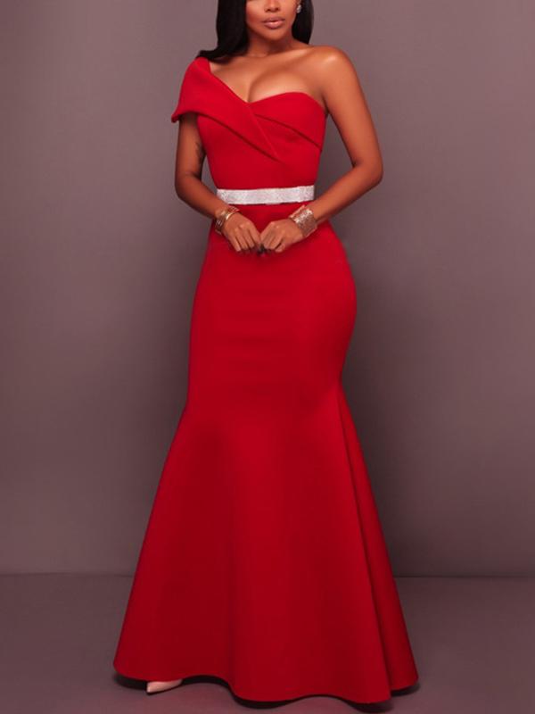 Sexy Red Women Backless One Off Shoulder Evening Dresses