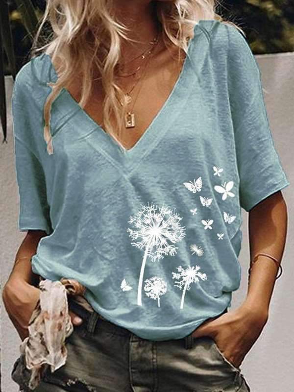 V neck short sleeves casual printed T-shirts for women