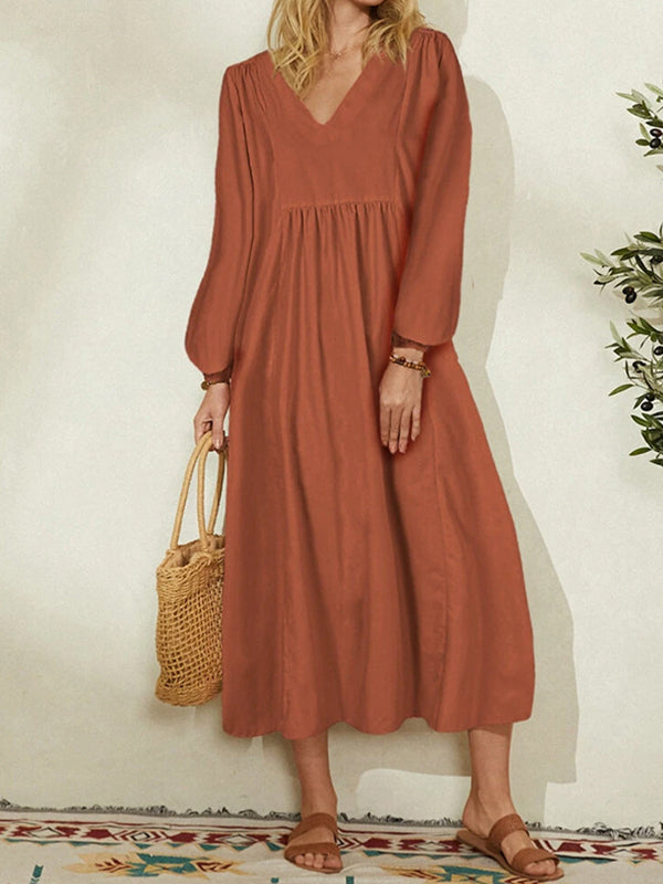 V neck women plain loose long sleeve plain maxi dresses