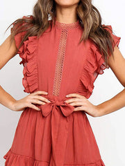 Fashion Pure Hollow out Round neck Sleeveless Lacing Falbala Skater Dresses