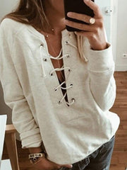 plain long-sleeve v neck tie women Sweatshirts