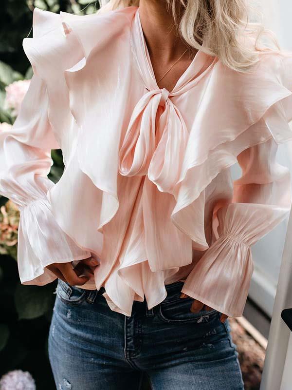 Chic sweet ruffled long-sleeved women blouses