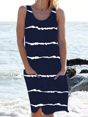 Round neck Stripe printed women sleeveless vacation dresses