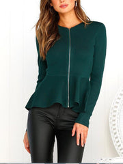 Round Collar Long Sleeve Zipper Short Coat For Women