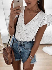 White Sexy V neck Cutout Summer T-shirts