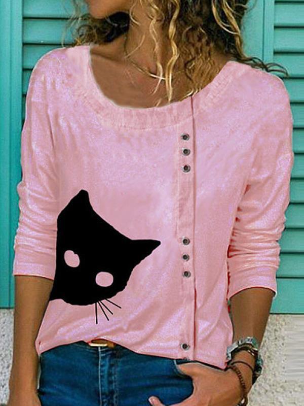 Cat Printed Buttons Round Neck Casual Long Sleeve  T-Shirts