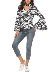 Sexy high neck flared sleeve zebra-stripe printed top blouses