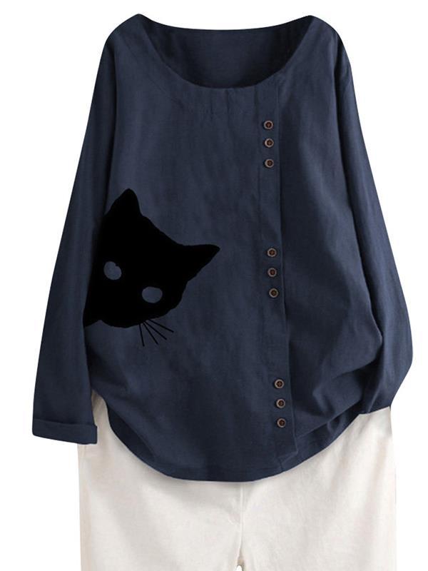 Cat Printed Buttons Round Neck Casual Long Sleeve  T-Shirts