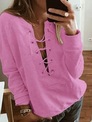 plain long-sleeve v neck tie women Sweatshirts