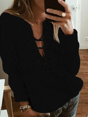 plain long-sleeve v neck tie women Sweatshirts