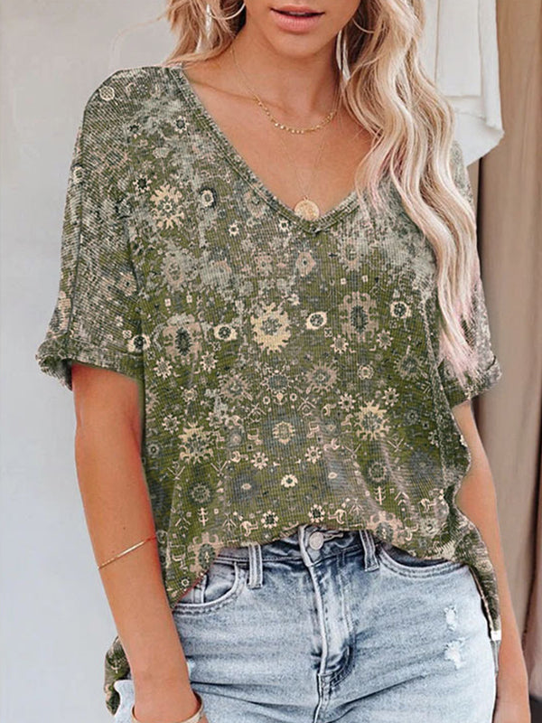 V neck printed women short sleeve flower T-shirts