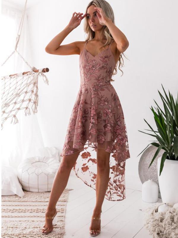 Sexy Strap Irregular Hem lace embroidered Skater dresses