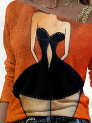 Elegant girl printed one off shoulder long sleeve T-shirts