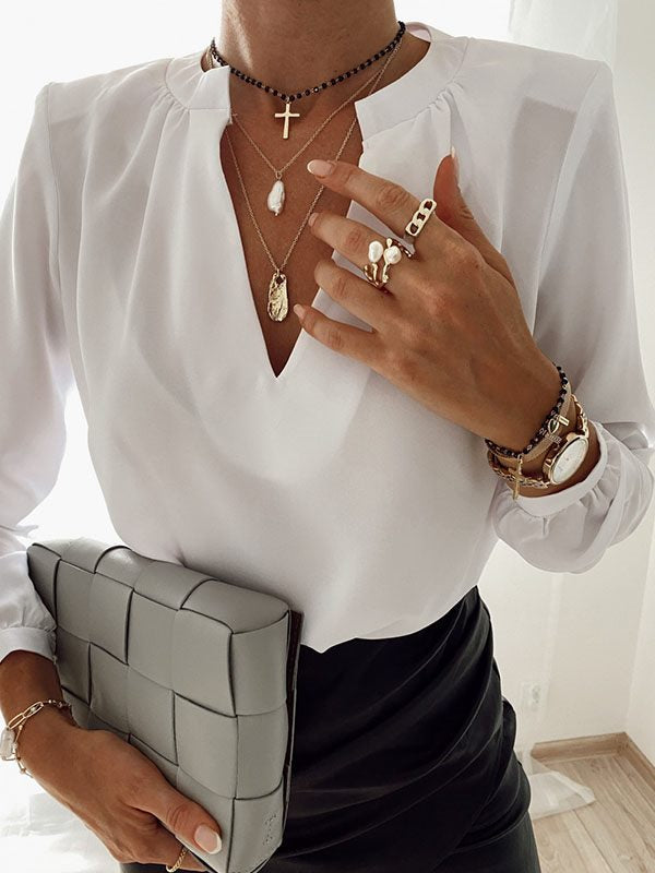 Loose long sleeve V-neck pullover T-shirt Blouses