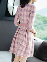 Contrast Plaids O-Neck Half Sleeves Midi A-Line Shift Dresses