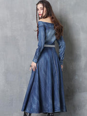 Embroidery Solid Color Sashes Slash Neck Long Sleeves Maxi Dresses