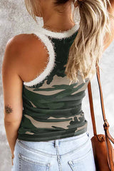 Camouflage Stitching Plush Neckline Tops