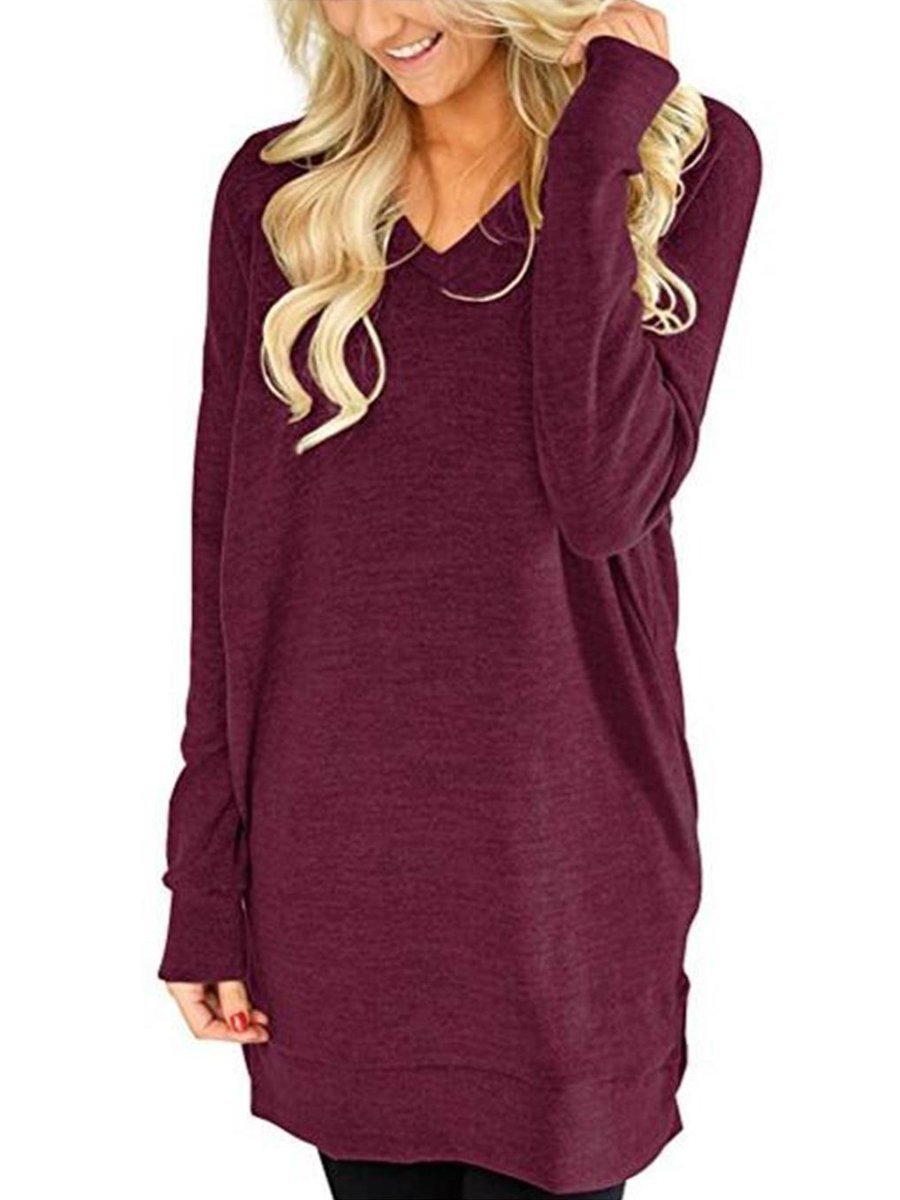 V-Neck Plain  Long Sleeve  T-Shirt