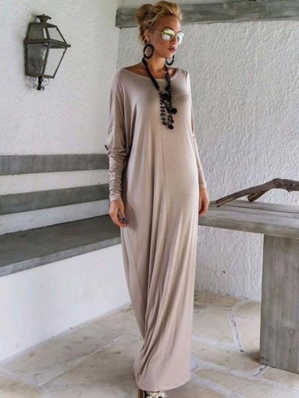 Elegant Solid Color Long Sleeve Round Neck Loose Maxi Dress