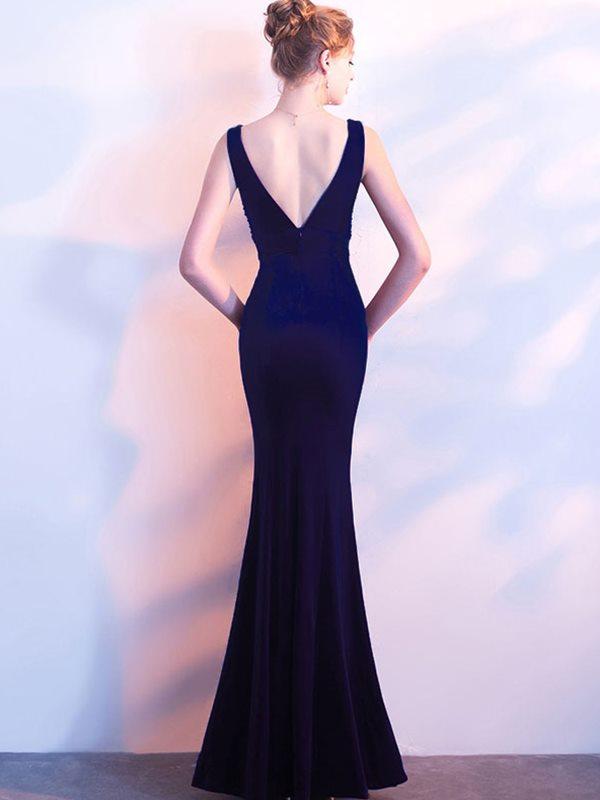 Elegant Velvet Sequined V-Neck Sheath Backless Party Dresses