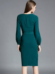 Contrast Solid Color Bowknot Zipper O-Neck Long Sleeves Midi Bodycon Dresses