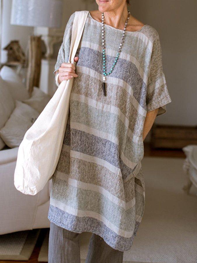 Casual Pockets Shift Striped Dresses