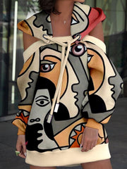 Casual Long Sleeve Plus Size Printed Hoodie Dress