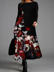 Fashion Casual Floral Print Long Sleeve Round Neck Maxi Dresses