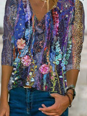 Blue Floral Shift Casual V Neck Tops T-Shirts