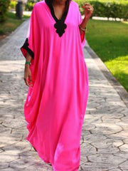 Deep Pink Holiday Plain Paneled V Neck Vacation Dresses