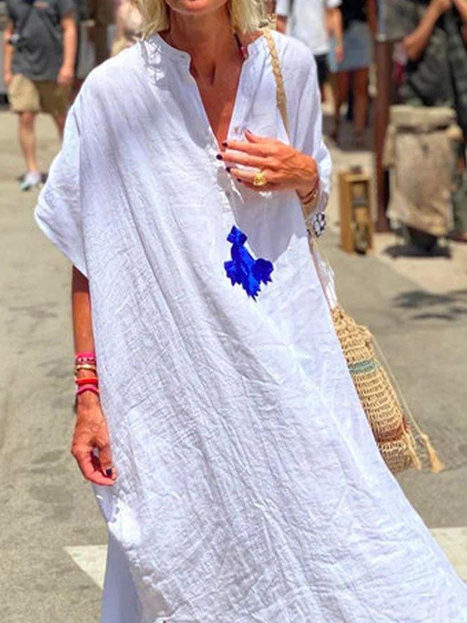 White Plain Short Sleeve Maxi Linen Dresses