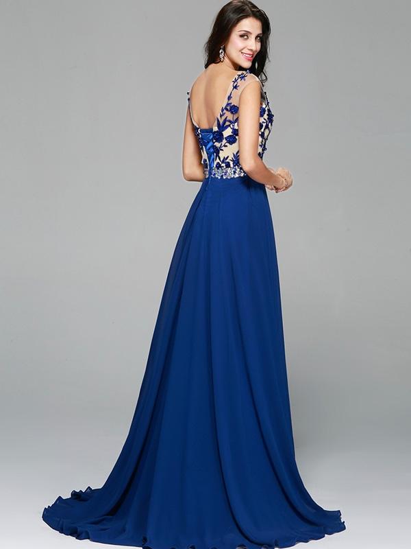 Embroidery Sequined Contrast O-Neck Sleeveless Backless Evening Dresses