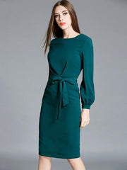 Contrast Solid Color Bowknot Zipper O-Neck Long Sleeves Midi Bodycon Dresses