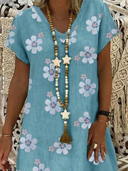 Cotton-Blend V Neck Floral Casual Dresses