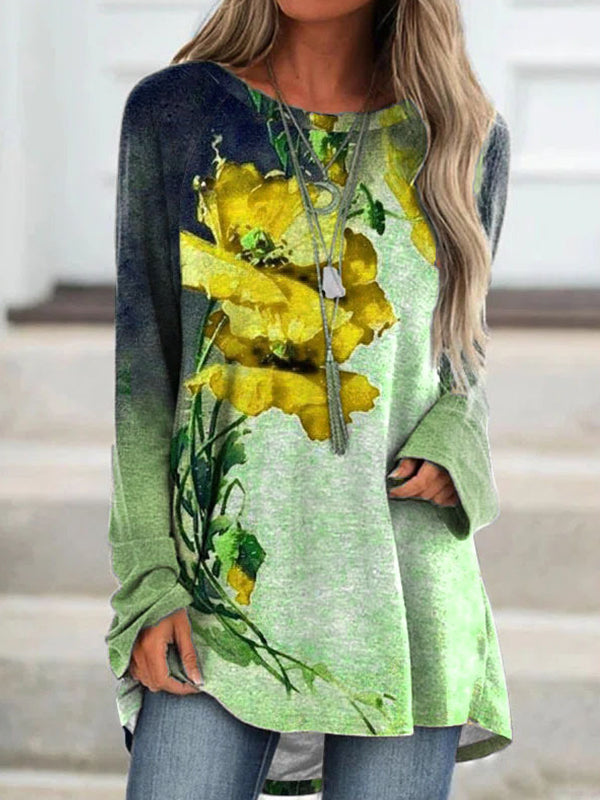 Autumn Round neck floral printed long sleeve long T-shirts