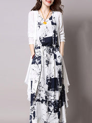 Casual Drawstring Printed Two-Piece Maxi Dress