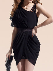 Asymmetric Neck Plain Ruched Chiffon Mini Bodycon Dress