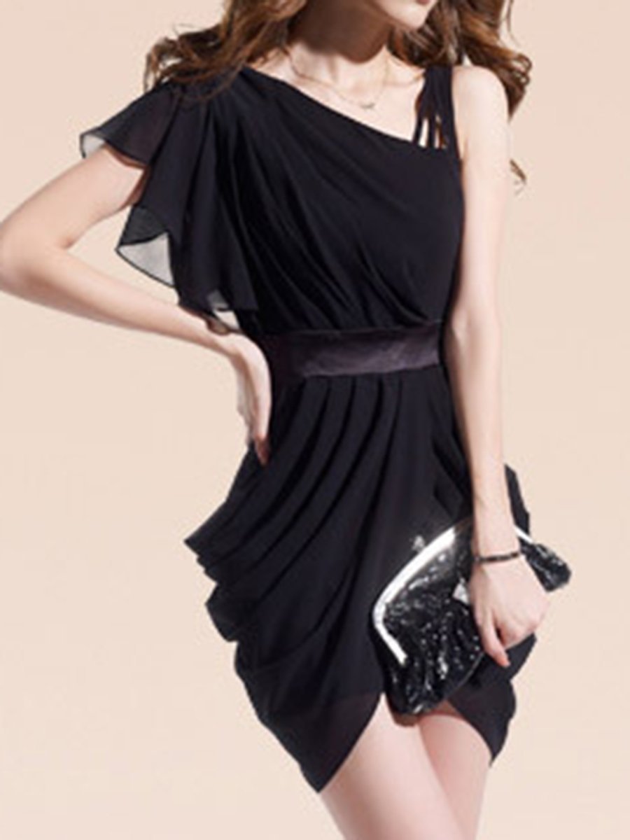 Asymmetric Neck Plain Ruched Chiffon Mini Bodycon Dress