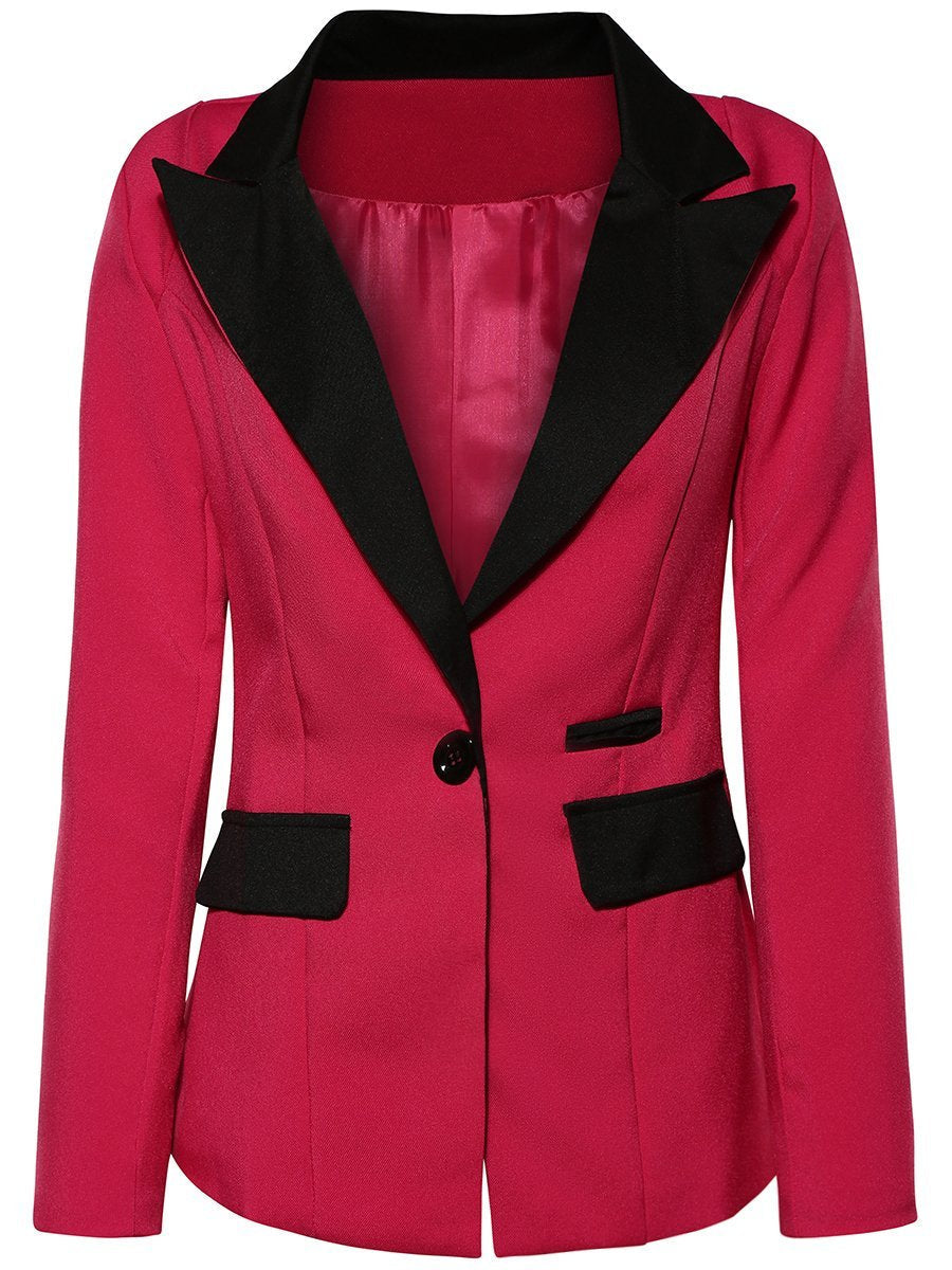 Color Block Notch Lapel Single Button Long Sleeve Blazer