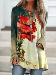 Autumn Round neck floral printed long sleeve long T-shirts