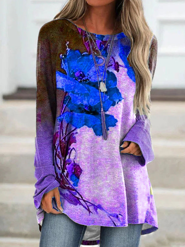 Autumn Round neck floral printed long sleeve long T-shirts