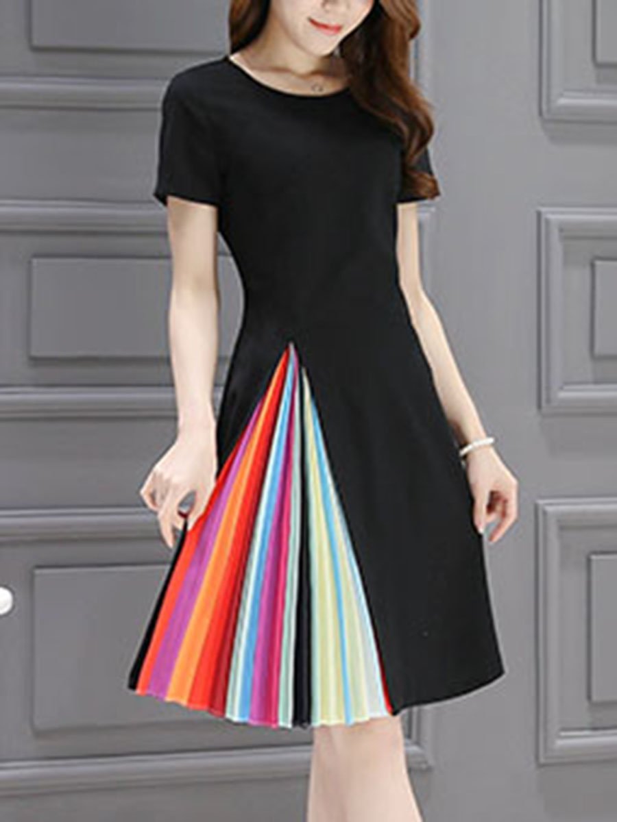 Round Neck  Ruffled Hem  Plain  Polyester Skater Dress