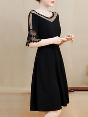 See-Through Solid Bell Sleeve Skater Dress In Black