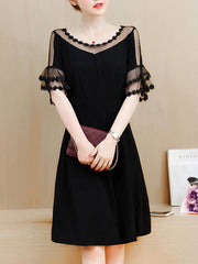 See-Through Solid Bell Sleeve Skater Dress In Black