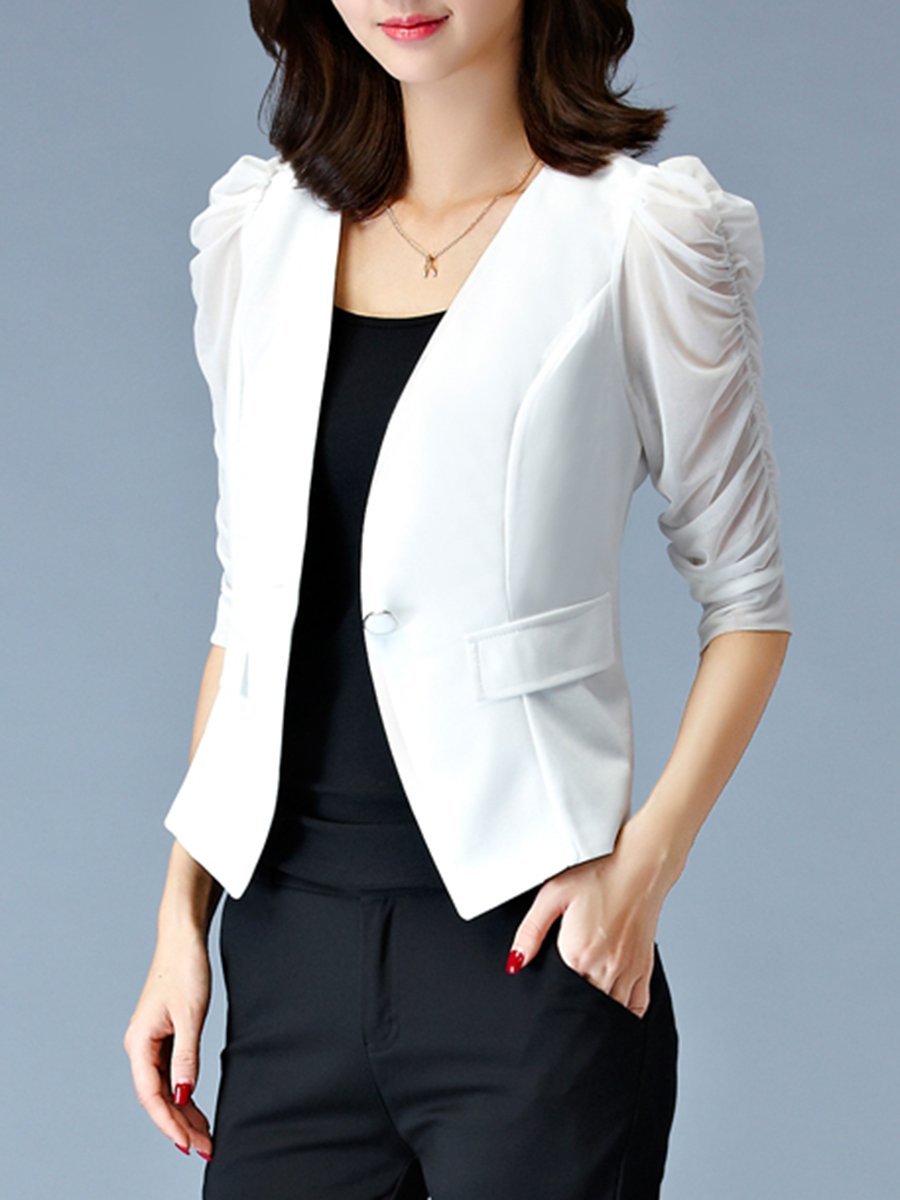 Single Button Hollow Out Plain Puff Sleeve Blazer